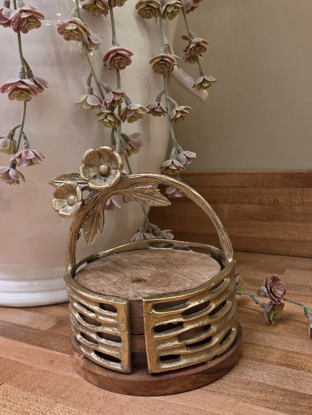 Gold Floral Handle Wooden Coaster Set by